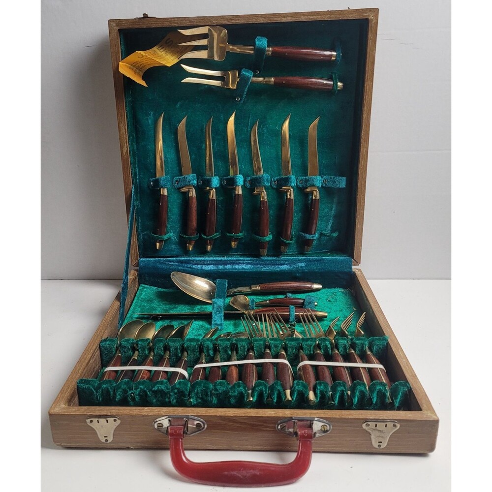 Vintage JAMES Bangkok Thailand 28 pcs Bronze Brass Silverware Utensil Set